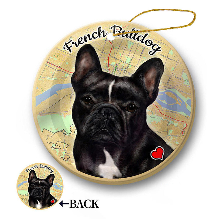 Map dog Ornament-French Bulldog (Black & White) Porcelain Hanging Ornament