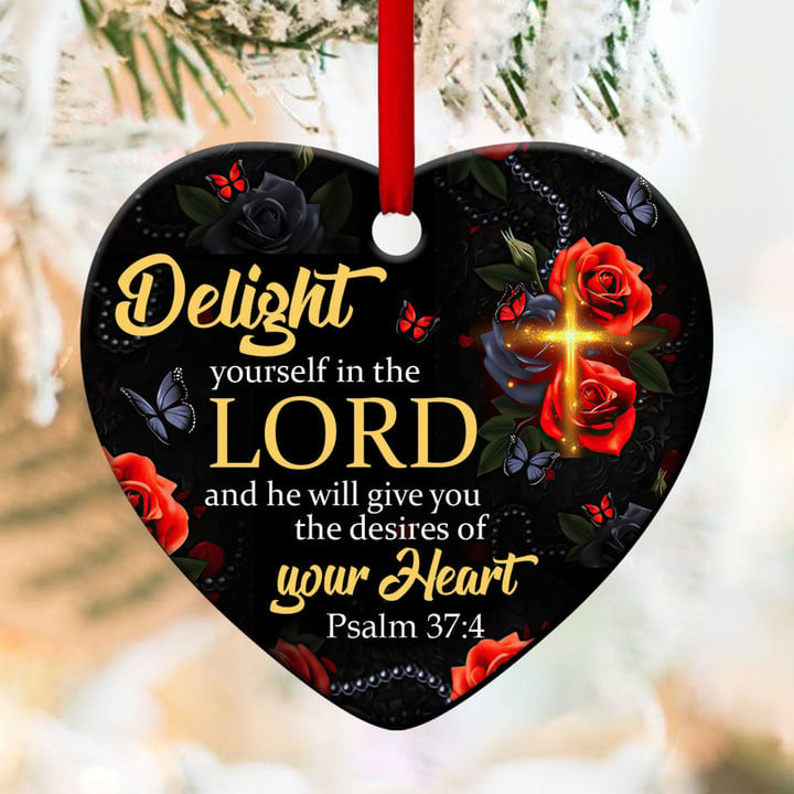 Jesuspirit Cross Ceramic Heart Ornament | Psalm 37:4 | Roses And Butterfly | Delight Yourself In The Lord CM2