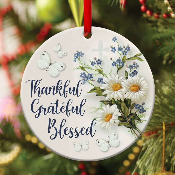 Beautiful Flower Ceramic Circle Ornament - Thankful, Grateful And Blessed CC39