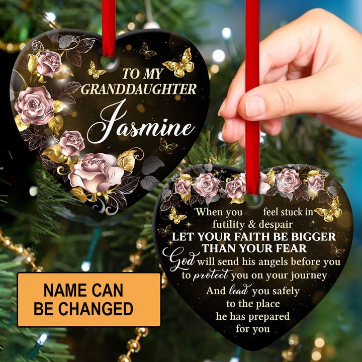 Elegant Personalized Rose Ceramic Heart Ornament - Let Your Faith Be Bigger Than Your Fear AA118