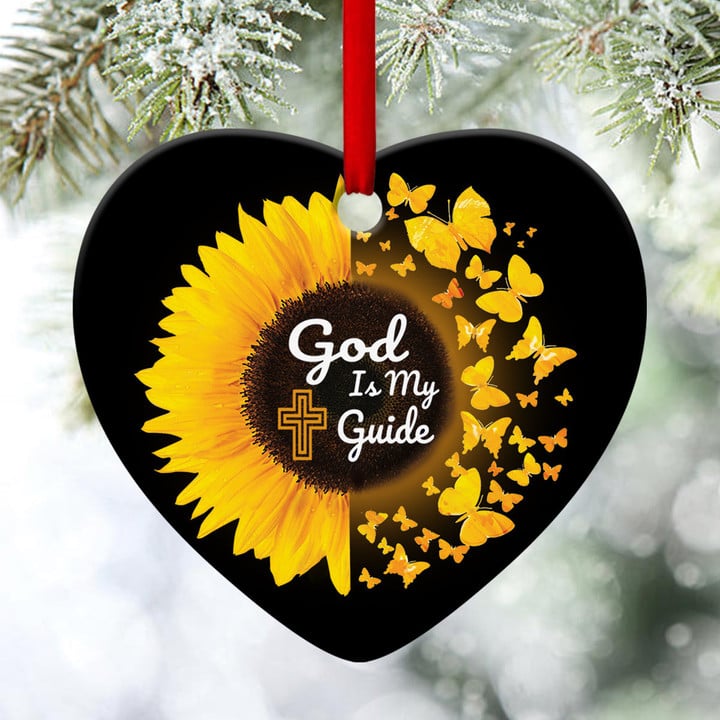 Sunflower And Butterfly Ceramic Heart Ornament - God Is My Guide AM54