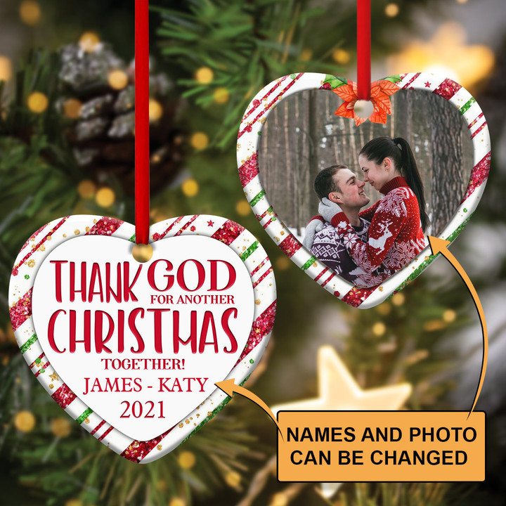 Thank God For Another Christmas Together - Sweet Personalized Christmas Ceramic Heart Ornament HQ201
