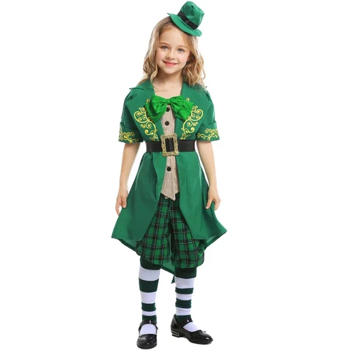 Girls Ireland St. Patrick's Day Costume Halloween Purim Irish Goblin Children's Elf Fancy Dress Leprechaun Girl Costume Full Set