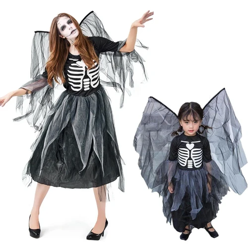 Halloween Costume Skeleton Bone Devil Wings Zombie Scary Outfit Women Fallen Angel Gothic Skull Dress Horror For Adult Kid Girls
