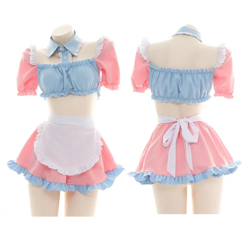 Cute Candy Girl Lolita Pink Blue Maid Dress Anime Princess Cosplay Underwear Set Pajamas Women Sexy Sweet Nightdress Drop Ship