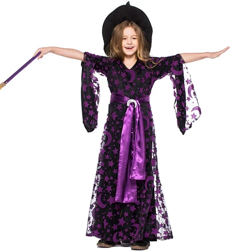 Purple Moon Star Printed Dresses Hat Belt 3Pcs Set Girl Witch Cosplay Set Child Carnival Disguisment Halloween Cosplay Costume