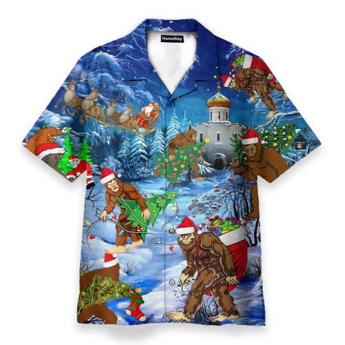 Bigfoot At Christmas Funny Button's Up Shirts - Hawaiian Shirt