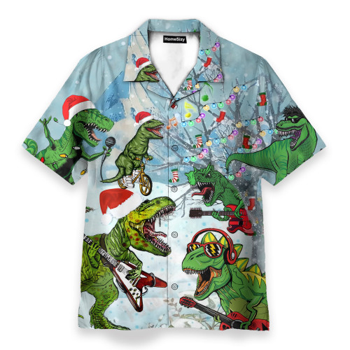 Dinosaur T-rex Playing Guitar Merry Christmas - Hawaiian Shirt