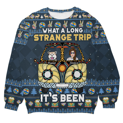 What A Long Strange Trip It's Been Hippie Camper Dog Ugly Christmas Sweater