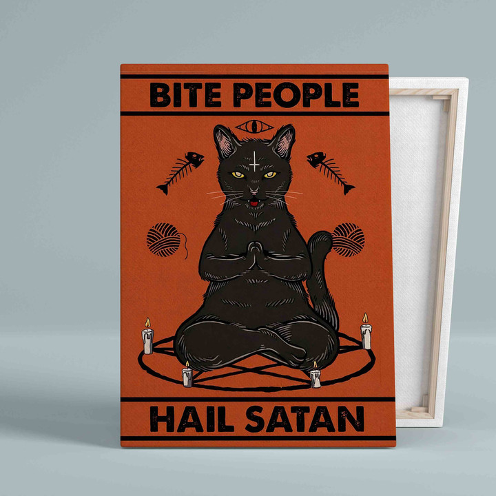 Bite People Hail Satan Canvas, Black Cat Canvas, Funny Cat Canvas, Gift Canvas