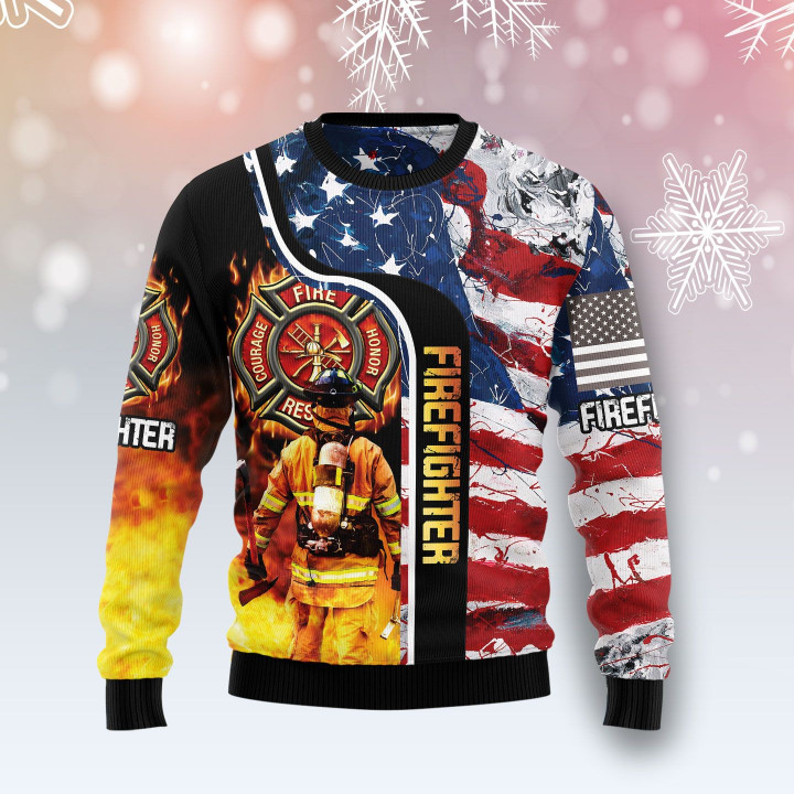 Firefighter USA Flag Ugly Christmas Sweater 3D Printed Best Gift For Xmas Adult | US4966