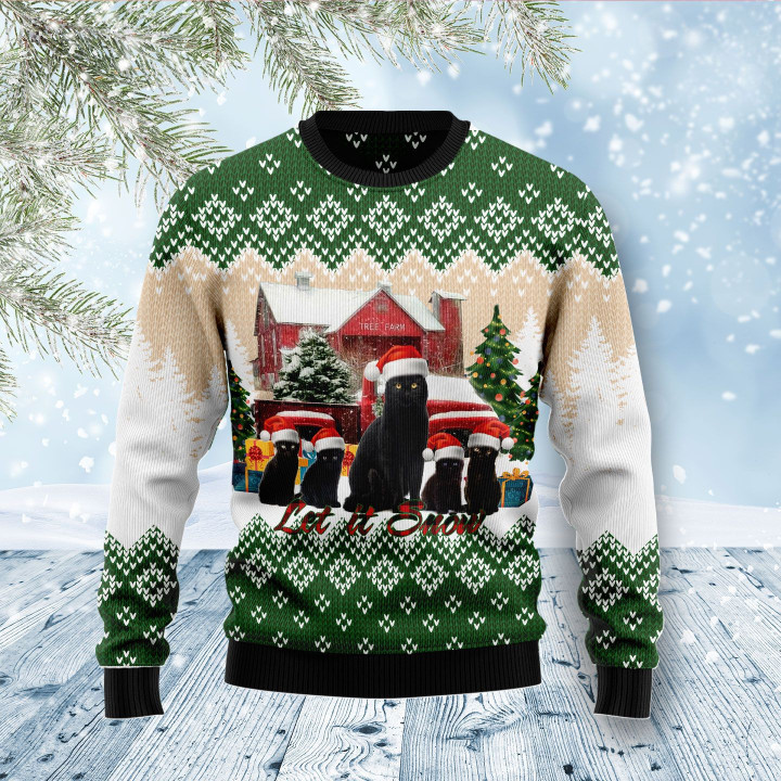 Black Cat Let It Snow Ugly Christmas Sweater 3D Printed Best Gift For Xmas Adult | US5183
