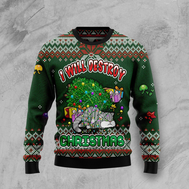 Funny Cat I Will Destroy Christmas Ugly Christmas Sweater 3D Printed Best Gift For Xmas Adult | US4828