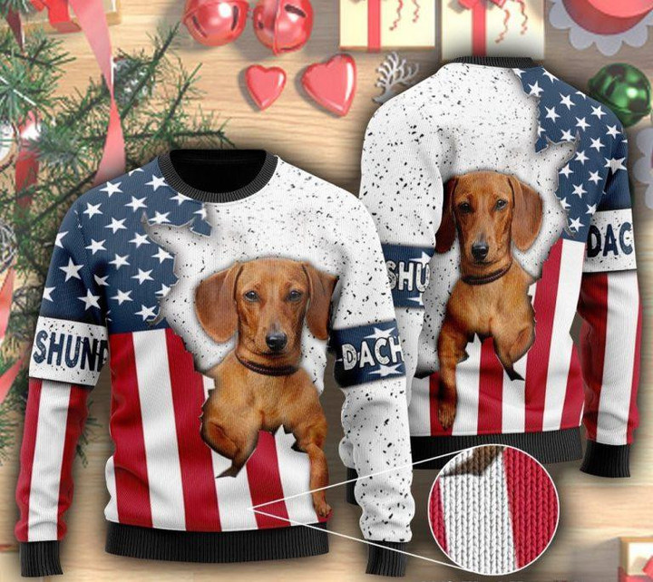 American Flag And Dachshund Dog Ugly Christmas Sweater 3D Printed Best Gift For Xmas Adult | US4352