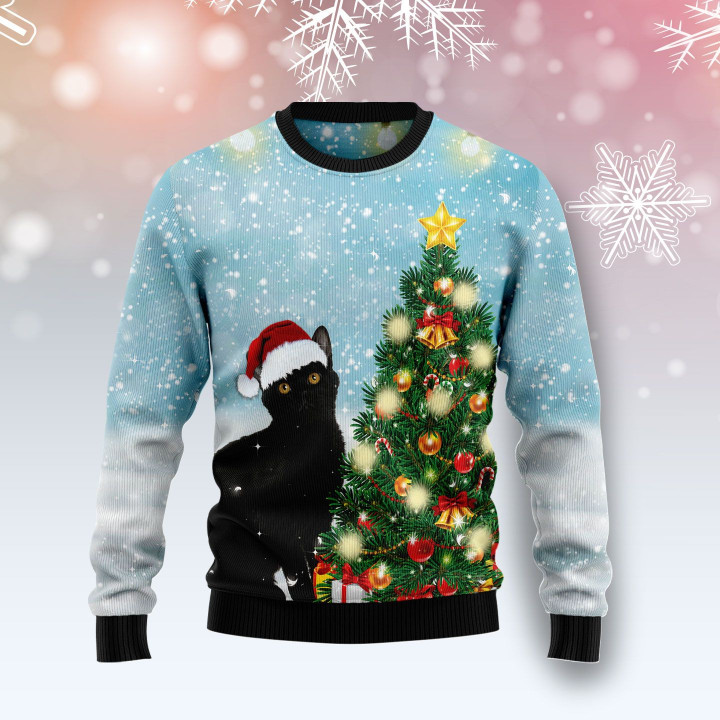 Black Cat Noel Tree Ugly Christmas Sweater 3D Printed Best Gift For Xmas Adult | US5068