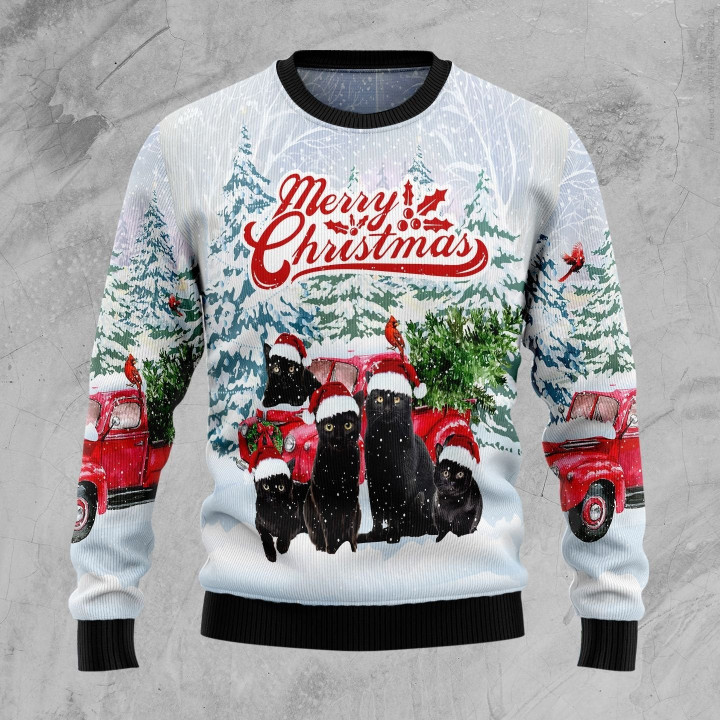 Black Cat Merry Christmas Ugly Christmas Sweater 3D Printed Best Gift For Xmas Adult | US5073
