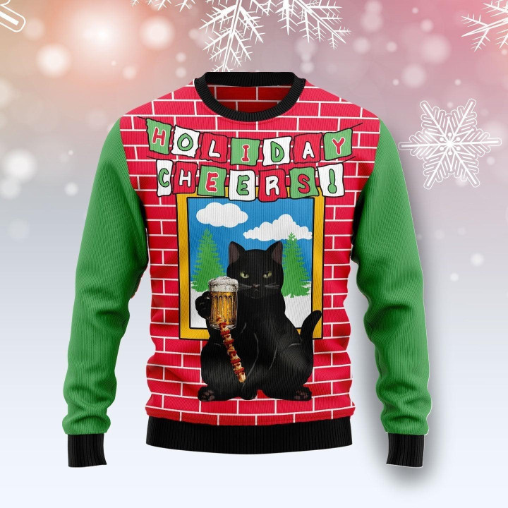 Holiday Cheer Black Cat Beer Ugly Christmas Sweater 3D Printed Best Gift For Xmas Adult | US5947