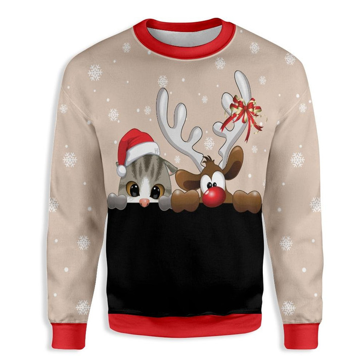 Cat And Reindeer Ugly Christmas Sweater 3D Printed Best Gift For Xmas Adult | US5477
