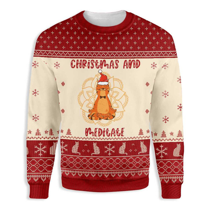 Cat Christmas And Meditate Ugly Christmas Sweater 3D Printed Best Gift For Xmas Adult | US5459