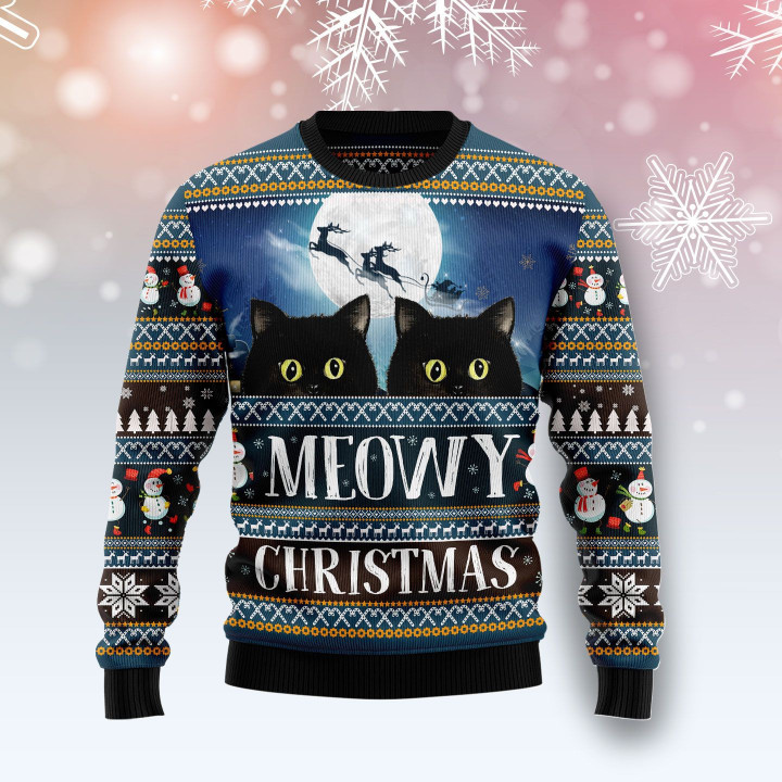 Black Cat Meowy Christmas Ugly Christmas Sweater 3D Printed Best Gift For Xmas Adult | US5074