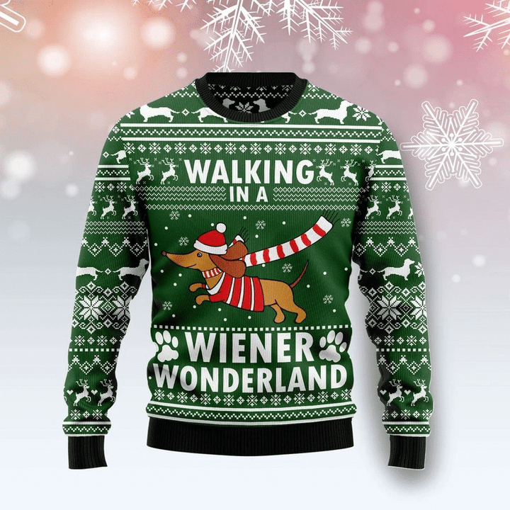 Dog Walking In A Wiener Wonderland Ugly Christmas Sweater 3D Printed Best Gift For Xmas US1425