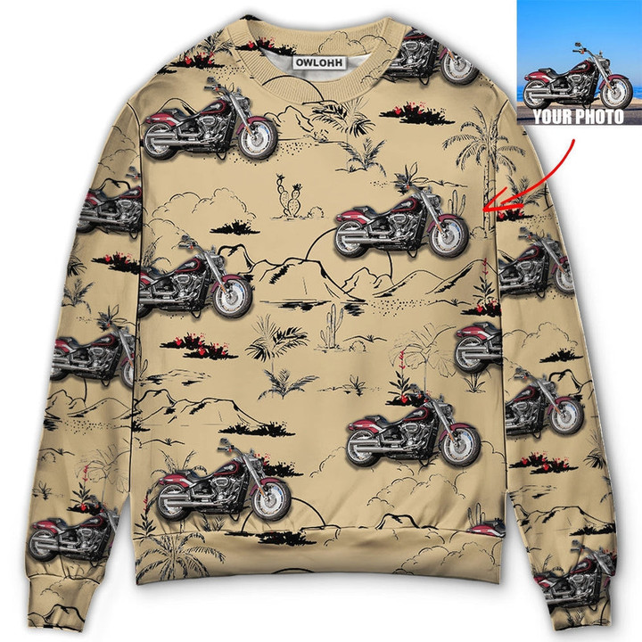 Motorcycle Desert Catus Mountain Flower Custom Photo - Sweater - Ugly Christmas Sweaters