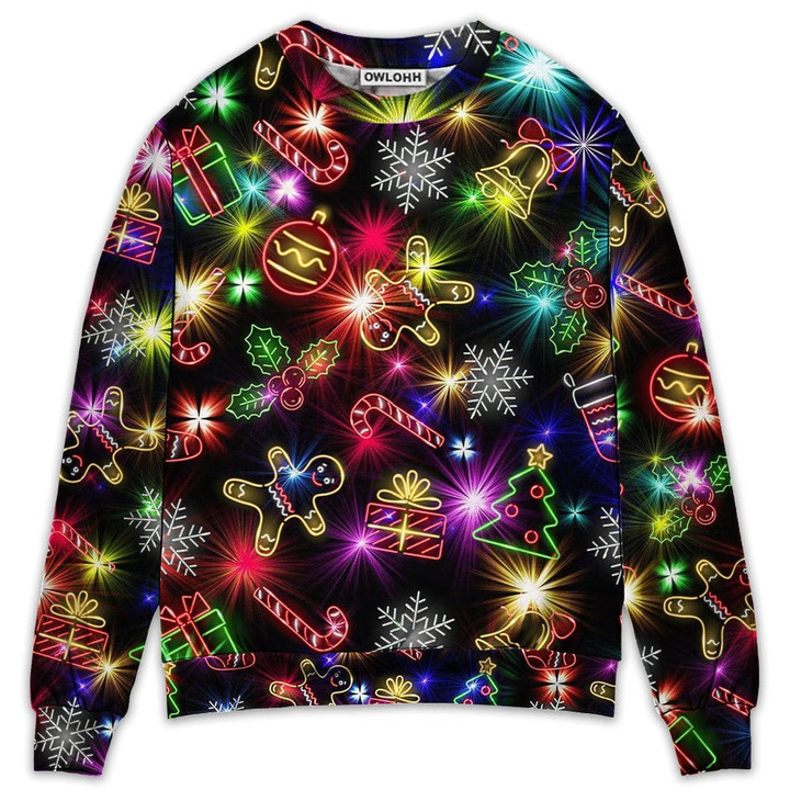 Christmas With Tree And Gift Cookies Gingerbread Man Neon Style - Sweater - Ugly Christmas Sweaters