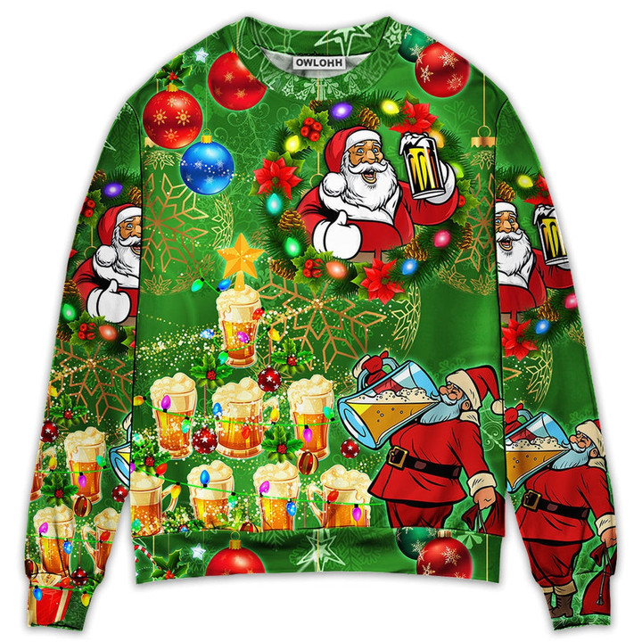Christmas Funny Santa Claus Drinking Beer Happy Christmas Tree Green Light - Sweater - Ugly Christmas Sweaters