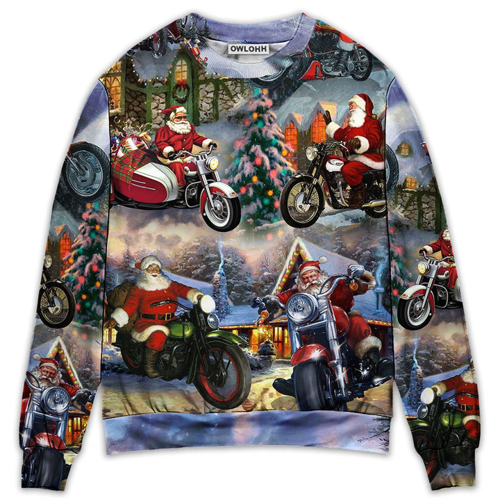 Christmas Santa Claus Driving Motorcycle Bike Gift Light Art Style - Sweater - Ugly Christmas Sweaters