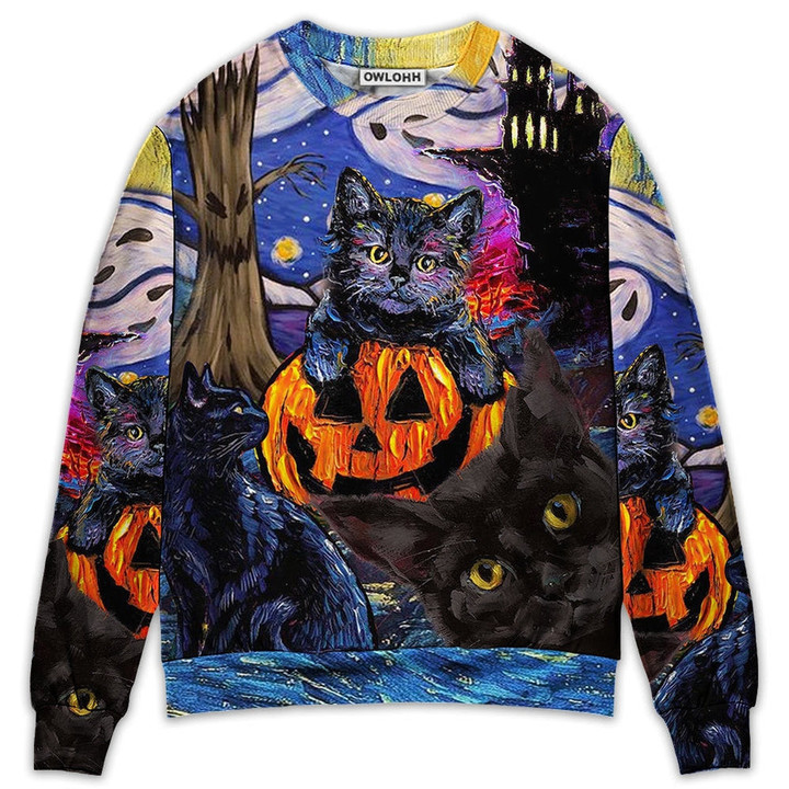 Halloween Black Cat Starry Night Funny Cat Painting Art Style - Sweater - Ugly Christmas Sweaters