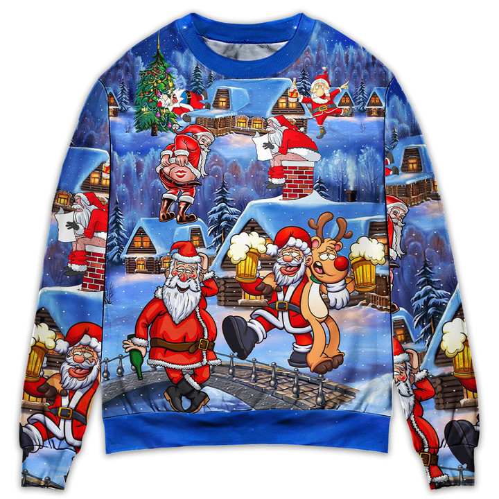 Christmas Santa Claus Drunk Beer Troll Happy Xmas - Sweater - Ugly Christmas Sweaters