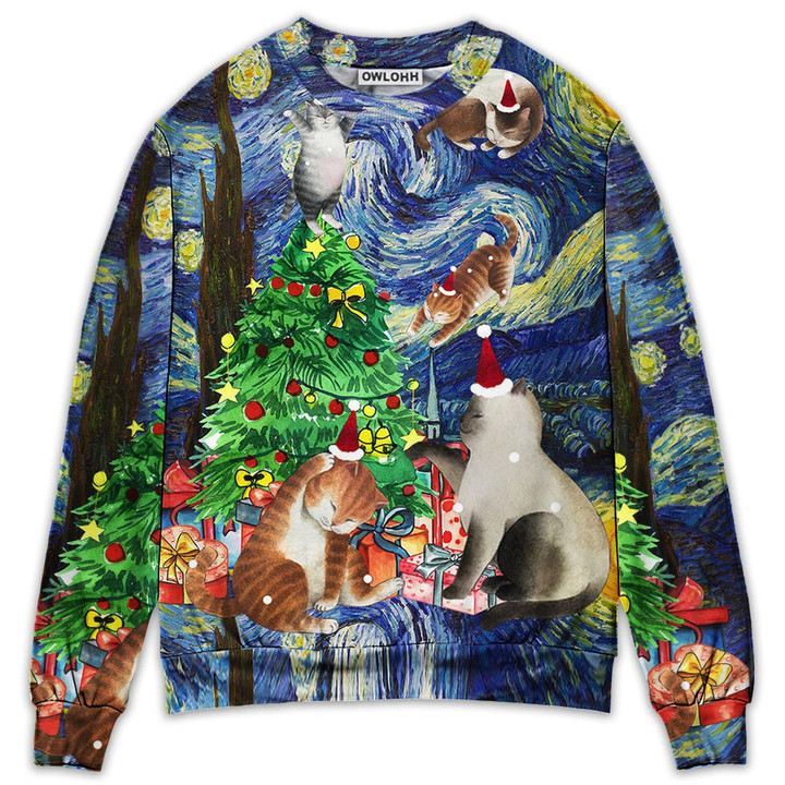 Christmas Cat Playing In Starry Night - Sweater - Ugly Christmas Sweaters