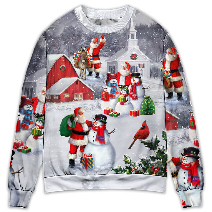 Christmas Santa Claus With Snowman Family In The Town Art Style - Sweater - Ugly Christmas Sweaters