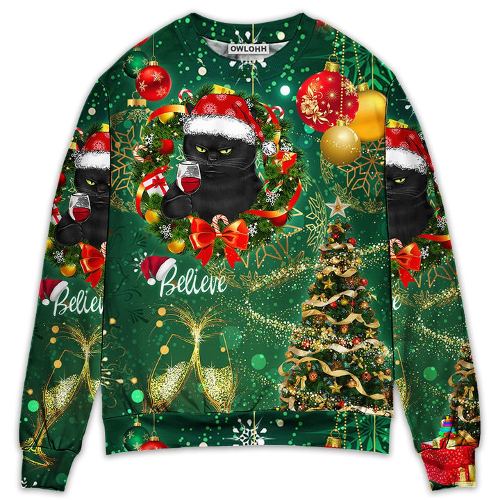 Christmas Black Cat Drinking Happy Christmas Tree Green Light - Sweater - Ugly Christmas Sweaters