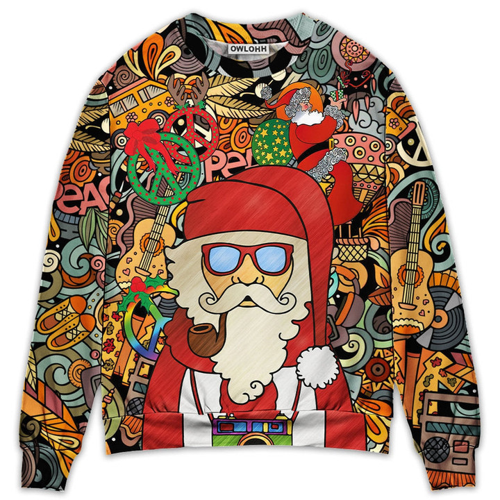 Christmas Hippie Santa Claus Love & Peace Cartoon Style - Sweater - Ugly Christmas Sweaters