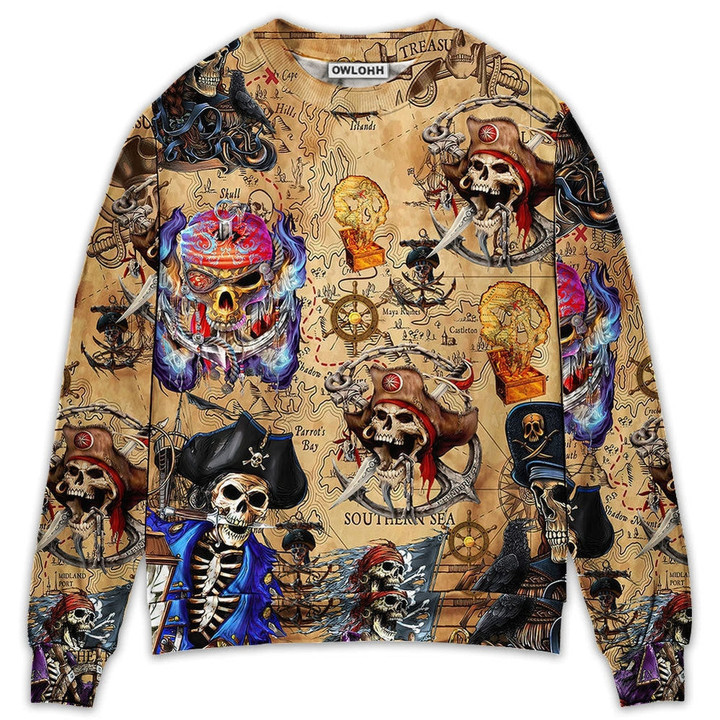 Skull Pirate Hunting Treasure Map - Sweater - Ugly Christmas Sweaters