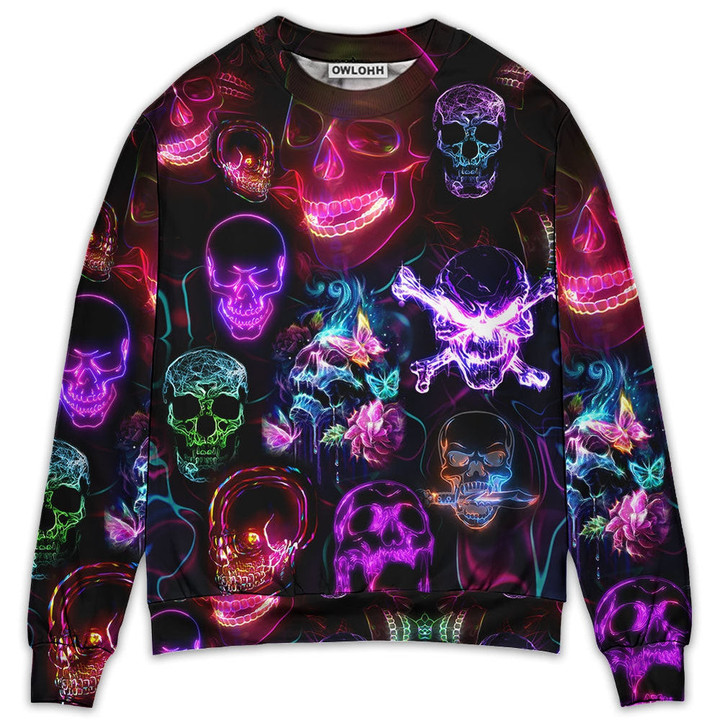 Skull Neon Art Happy Holiday - Sweater - Ugly Christmas Sweaters