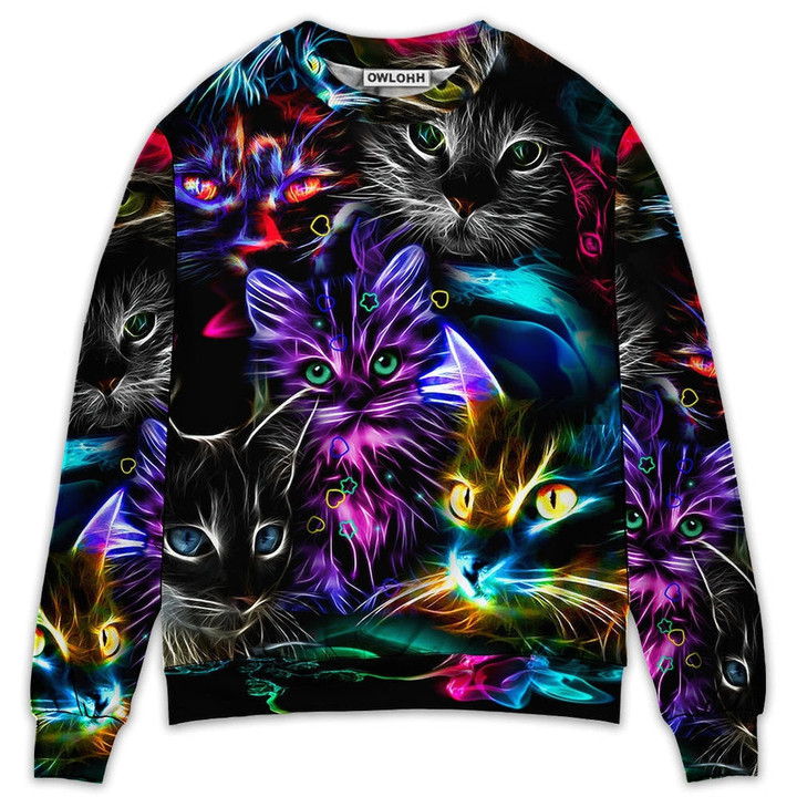 Cat Funny Neon Light Colorful Style - Sweater - Ugly Christmas Sweaters