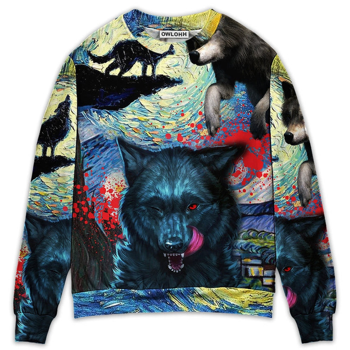 Halloween Black Wolf Crazy Starry Night Blood Art Style - Sweater - Ugly Christmas Sweaters