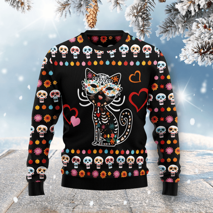 Day Of The Dead Black Cat Ugly Christmas Sweater
