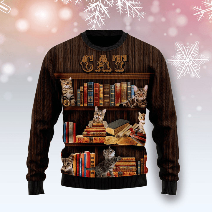 Cat Bookcase Ugly Christmas Sweater