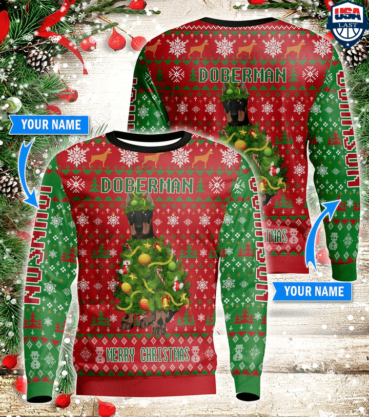 Personalized Custom Name Doberman Ugly Christmas Sweater
