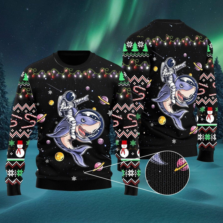 Funny Astronauts Ride A Shark In Space With The Planet Ugly Christmas Sweater 3D Printed Best Gift For Xmas Adult | UH1108