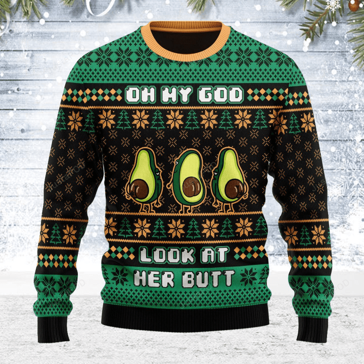 Merry Christmas Avocado Oh My God Jesus Look At Her Butt Ugly Christmas Sweater