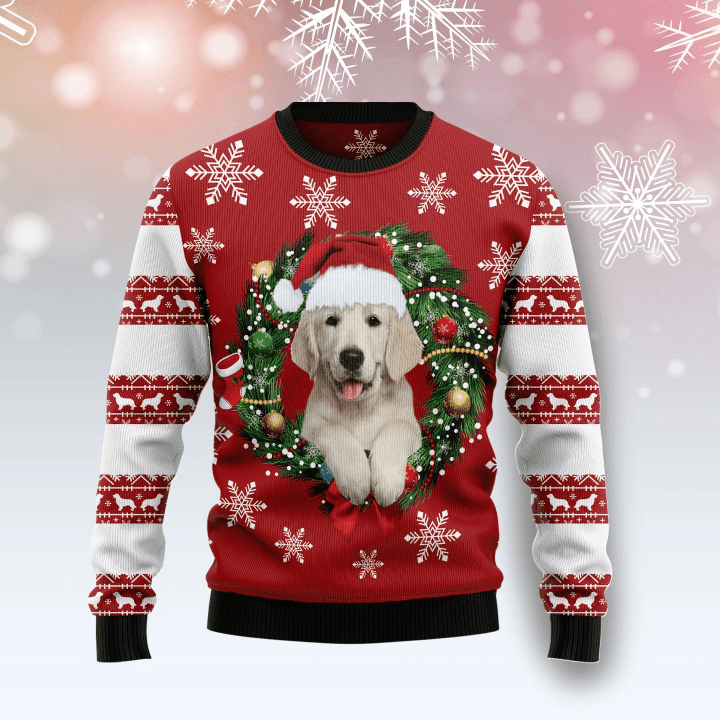 Golden Retriever Wearing Santa Hat Ugly Christmas Sweater