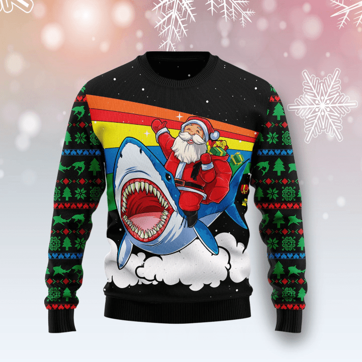 Santa Riding Shark Ugly Christmas Sweater