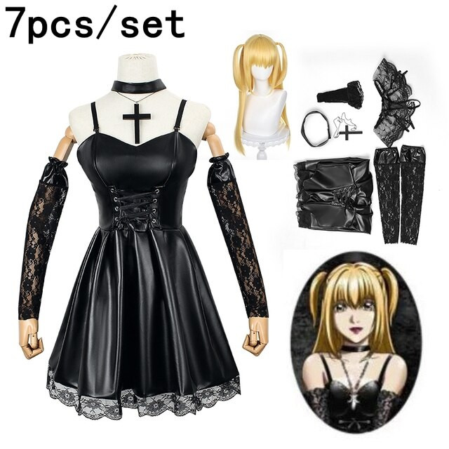 Death Note Cosplay Costume Misa Amane Imitation Leather Sexy Dress +gloves+stockings+necklace Uniform Outfit Cosplay Costume