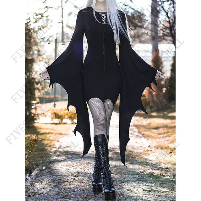 Halloween Costumes for Women Gothic Medieval Cosplay Dress Forest Elf Pixie Costume Black Bodycon Mini Bandage Bat Wing Disfraz