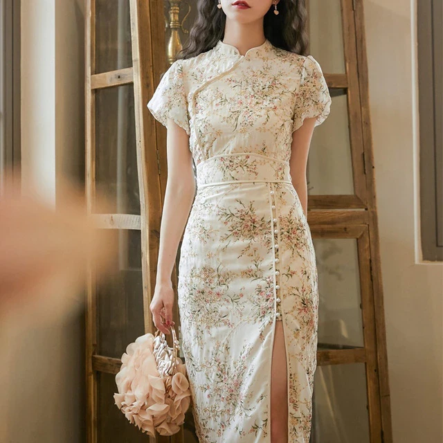 Cheongsam Chinese Vintage for Ladies Summer Floral Printing Puff Sleeve Pearl Button Split Fork Thin Slim Fashion Qipao Dress