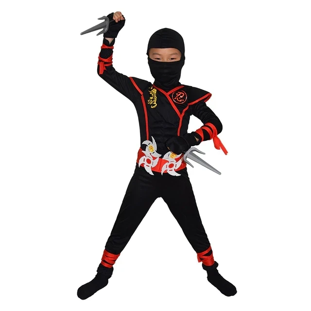 Ninja Costume Muscle Chest Power Ninja Suit Cosplay Boys Girls Party Fancy Dress Dagger Knife Darts Carnival Swordsman Warr Suit